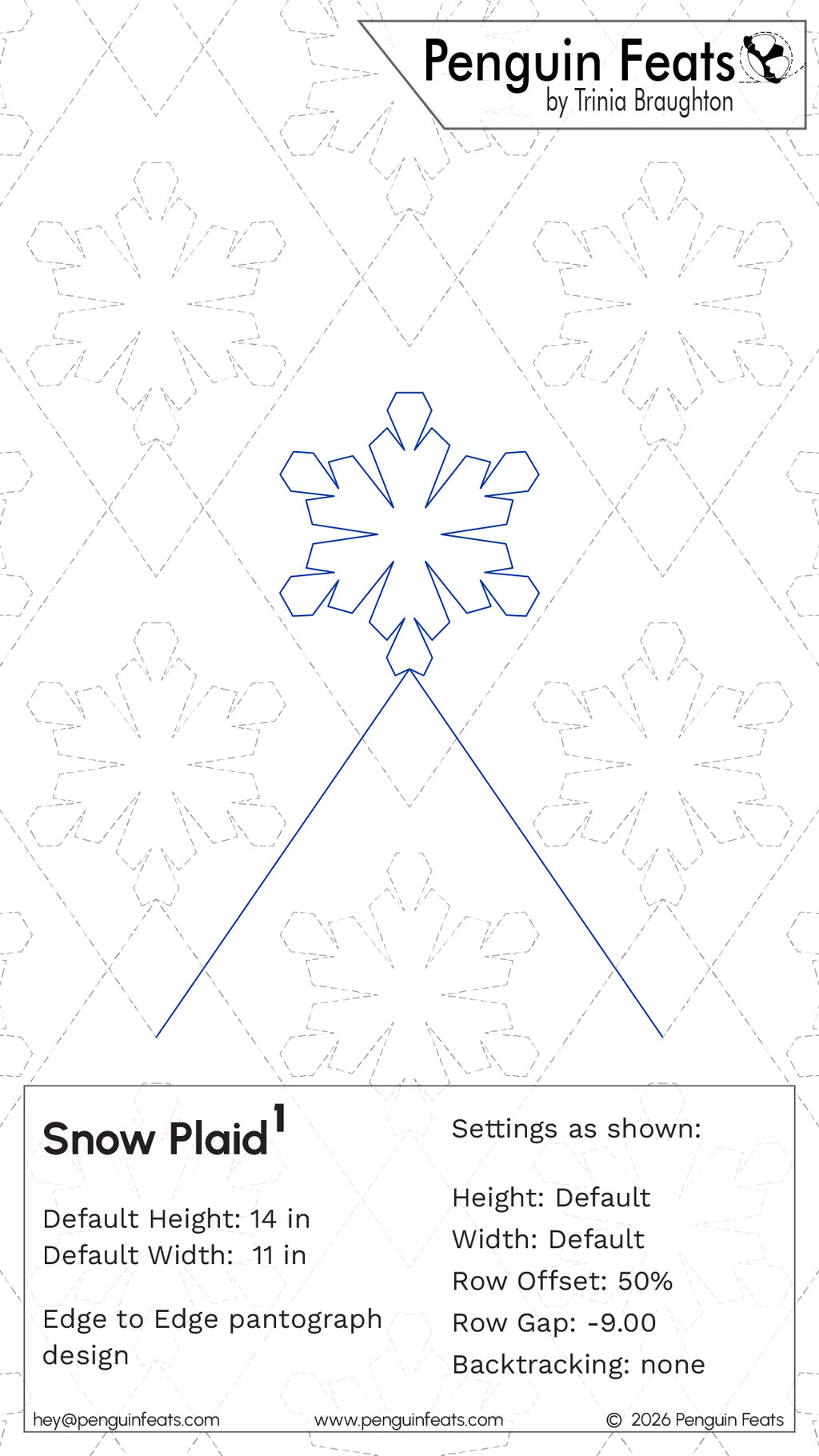 A digital preview sheet for a snowflake plaid pattern Snow Plaid 1 design by Trinia Braughton of 'Penguin Feats'. The design shows a central blue outlined snowflake with lines extending downwards to form a plaid pattern on a white background with a light gray lattice grid.