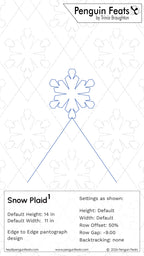 A digital preview sheet for a snowflake plaid pattern Snow Plaid 1 design by Trinia Braughton of 'Penguin Feats'. The design shows a central blue outlined snowflake with lines extending downwards to form a plaid pattern on a white background with a light gray lattice grid.