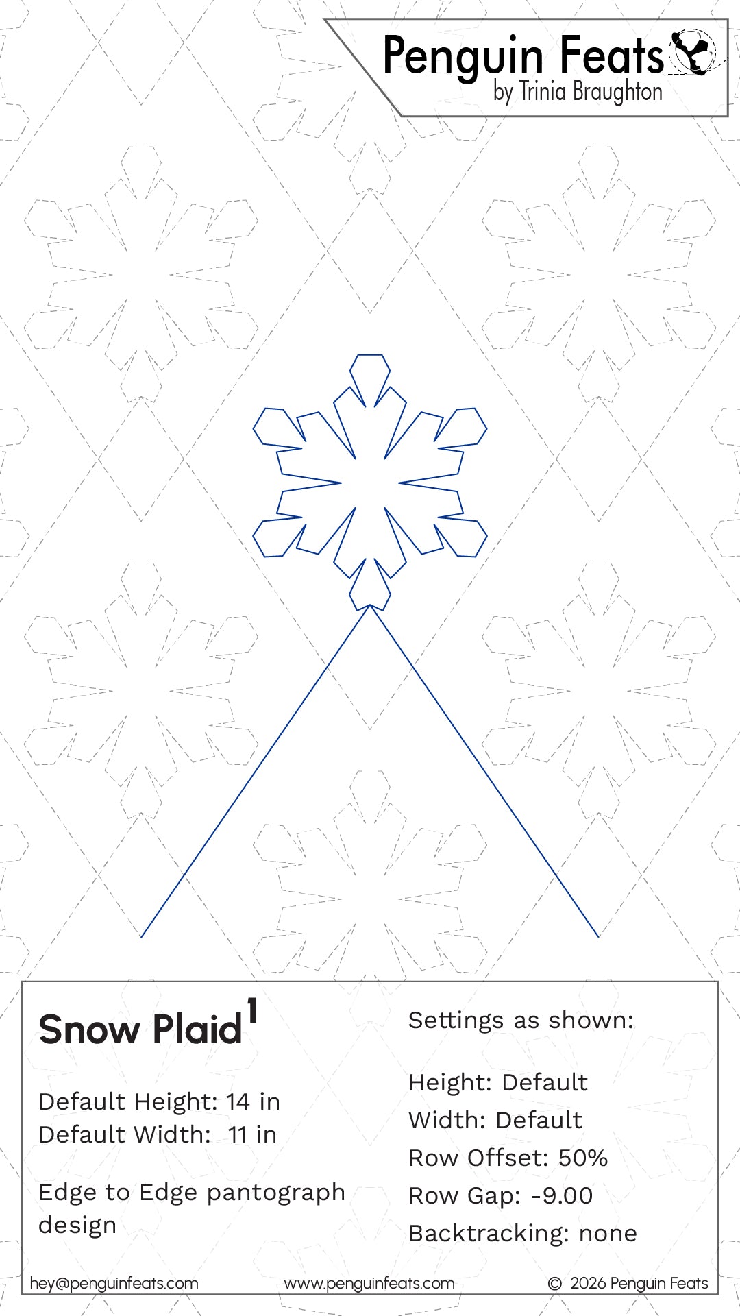 A digital preview sheet for a snowflake plaid pattern Snow Plaid 1 design by Trinia Braughton of 'Penguin Feats'. The design shows a central blue outlined snowflake with lines extending downwards to form a plaid pattern on a white background with a light gray lattice grid.