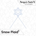 A digital preview of a snow plaid pattern design by Trinia Braughton, titled 'Snow Plaid 1'. The graphic shows a blue outline of a snowflake with two lines extending downward to form a plaid structure, set against a white background with a faint gray dashed diamond grid and snowflake pattern.