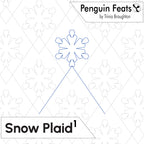 A digital preview of a snow plaid pattern design by Trinia Braughton, titled 'Snow Plaid 1'. The graphic shows a blue outline of a snowflake with two lines extending downward to form a plaid structure, set against a white background with a faint gray dashed diamond grid and snowflake pattern.