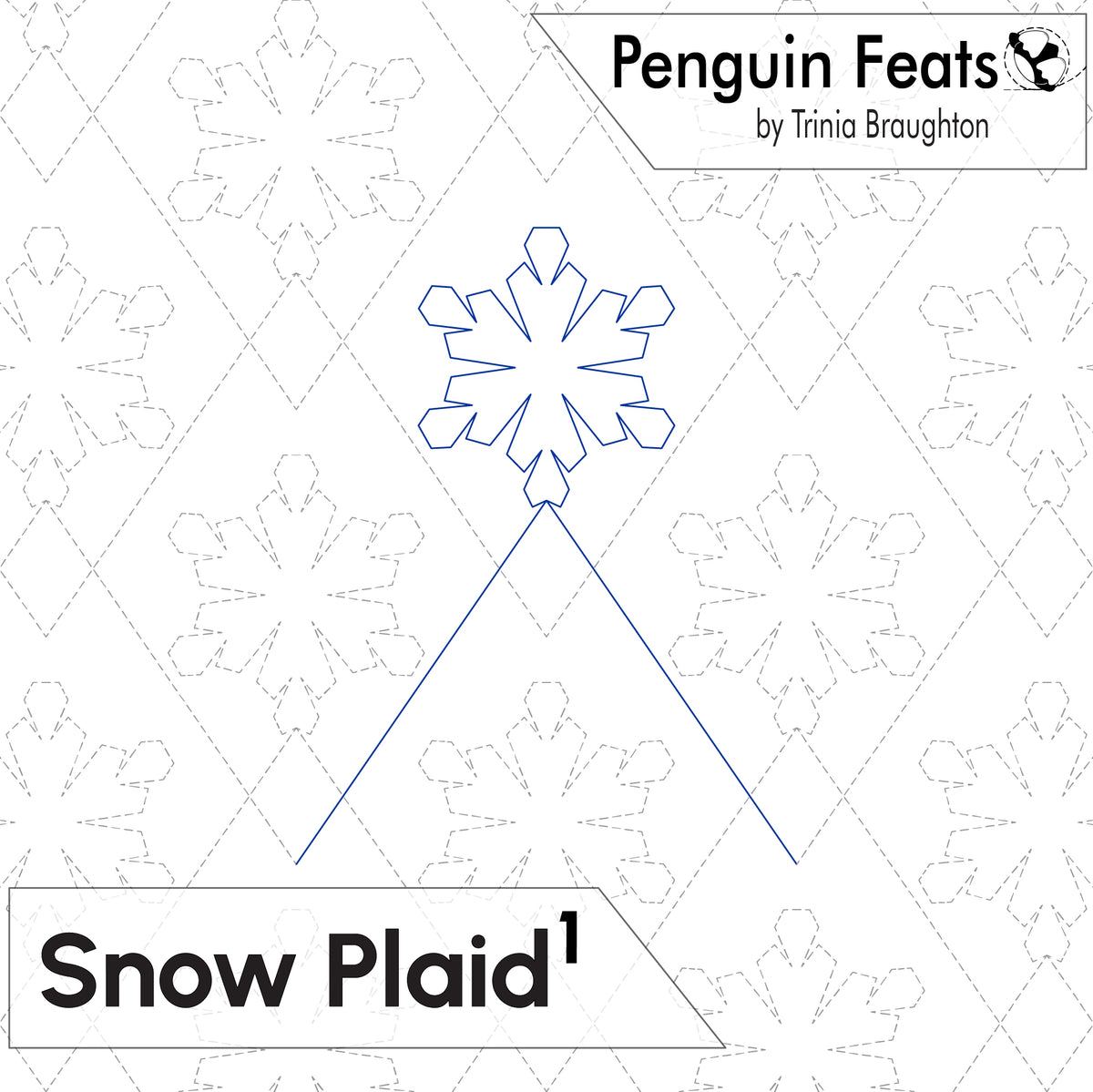 A digital preview of a snow plaid pattern design by Trinia Braughton, titled 'Snow Plaid 1'. The graphic shows a blue outline of a snowflake with two lines extending downward to form a plaid structure, set against a white background with a faint gray dashed diamond grid and snowflake pattern.