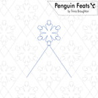 A white square graphic with the title 'Penguin Feats by Trinia Braughton' in the top right and a blue outline of a snowflake with two long lines extending downward, resembling a stylized penguin shape. The background is white with faint gray snowflake patterns.