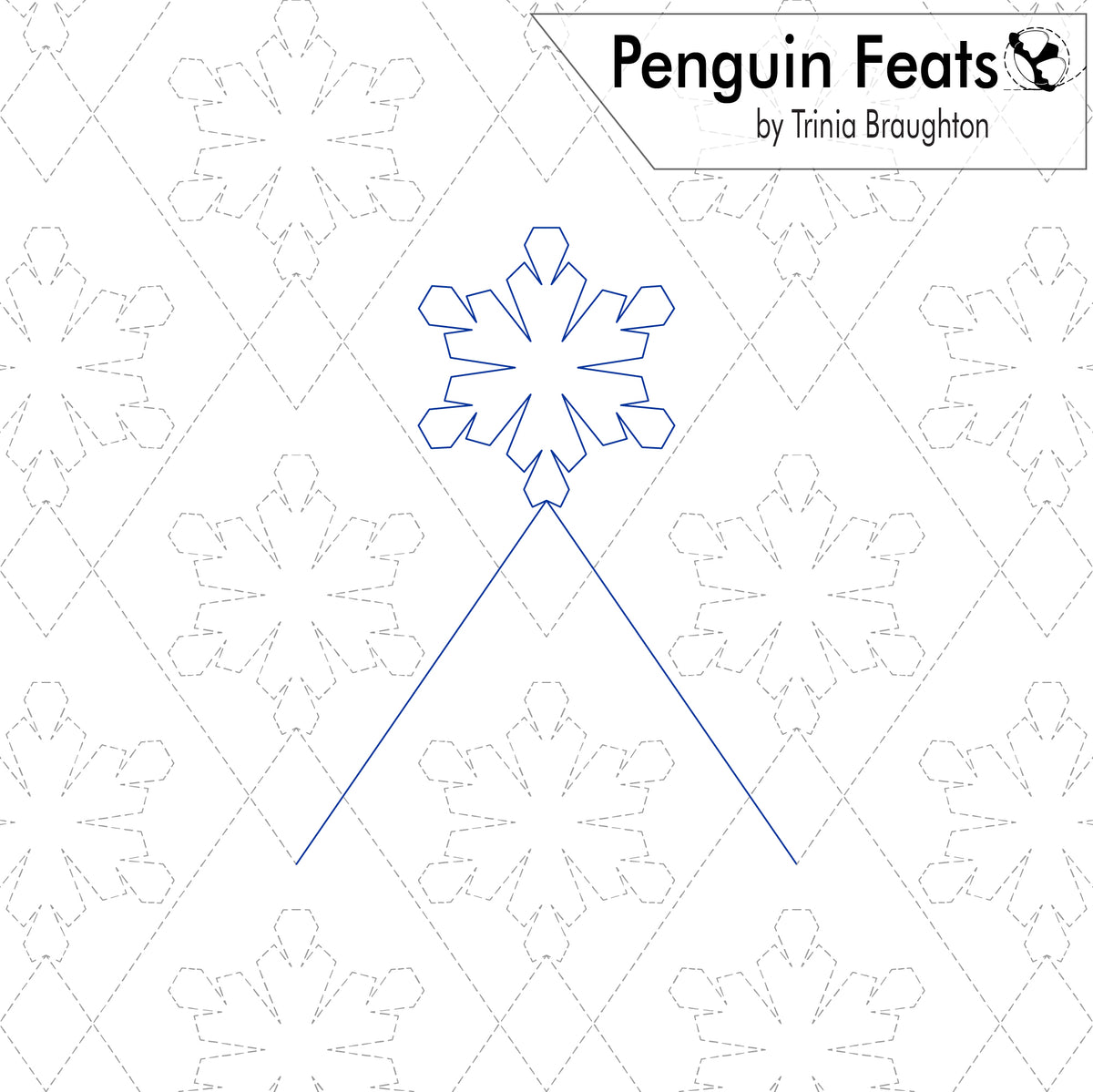 A white square graphic with the title 'Penguin Feats by Trinia Braughton' in the top right and a blue outline of a snowflake with two long lines extending downward, resembling a stylized penguin shape. The background is white with faint gray snowflake patterns.