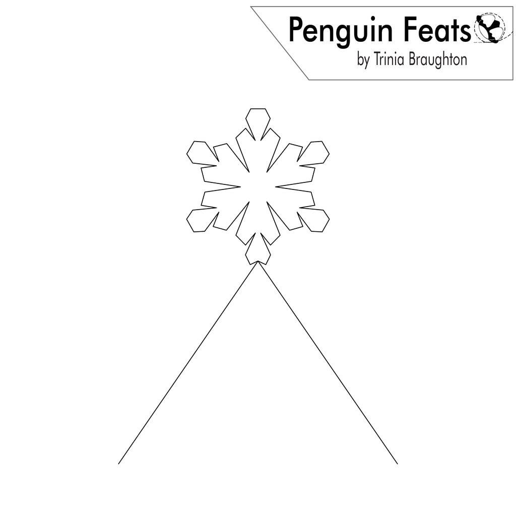 Black and white line art template of a snowflake pattern , labeled 'Penguin Feats by Trinia Braughton' on a white background.