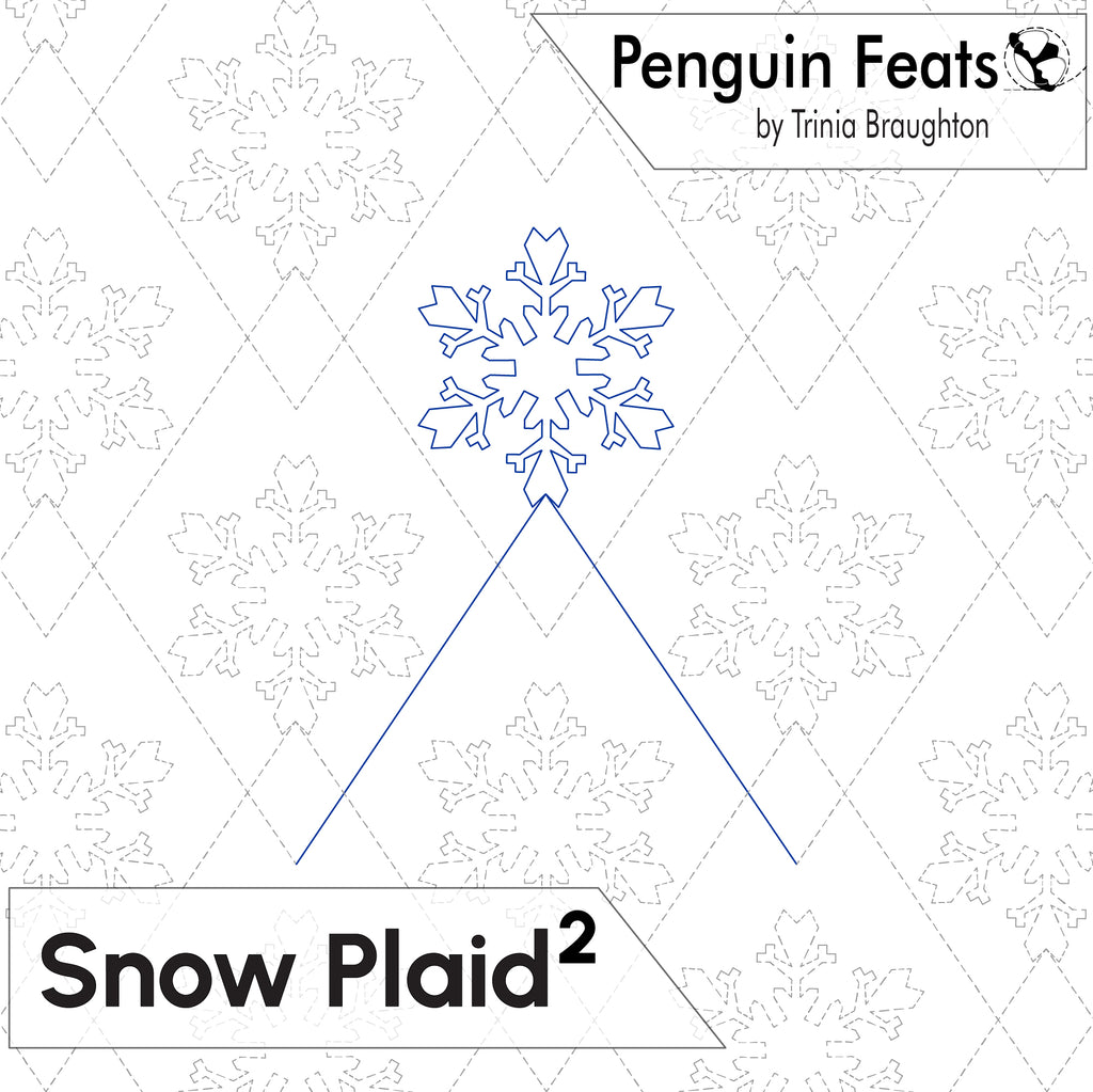 A digital preview graphic for a snow plaid pattern design titled 'Snow Plaid2' by Trinia Braughton under the Penguin Feats brand. The design features a blue outline of a snowflake with lines extending downwards to form a V-shape, set against a white background with a light gray dashed diamond grid and matching snowflake outlines.