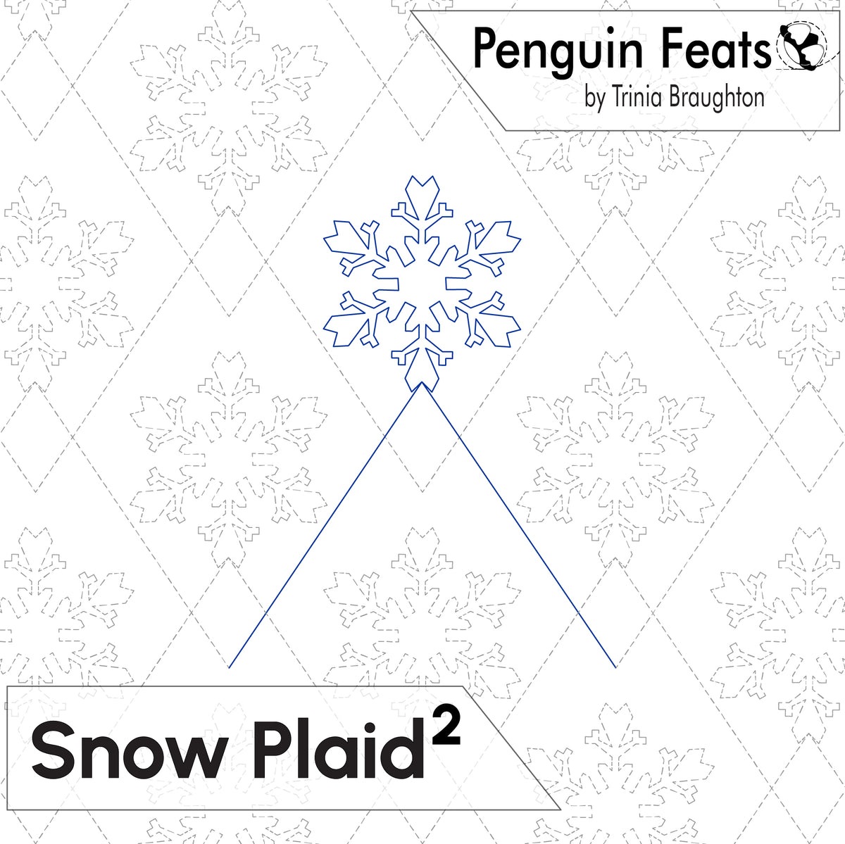 A digital preview graphic for a snow plaid pattern design titled 'Snow Plaid2' by Trinia Braughton under the Penguin Feats brand. The design features a blue outline of a snowflake with lines extending downwards to form a V-shape, set against a white background with a light gray dashed diamond grid and matching snowflake outlines.