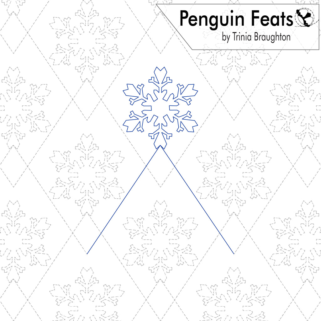 A digital graphic sheet titled 'Penguin Feats' by Trinia Braughton, featuring a blue outline of a snowflake with two lines extending downward, set against a white background with faint gray diamond patterns and additional snowflake motifs.