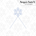 A digital graphic sheet titled 'Penguin Feats' by Trinia Braughton, featuring a blue outline of a snowflake with two lines extending downward, set against a white background with faint gray diamond patterns and additional snowflake motifs.