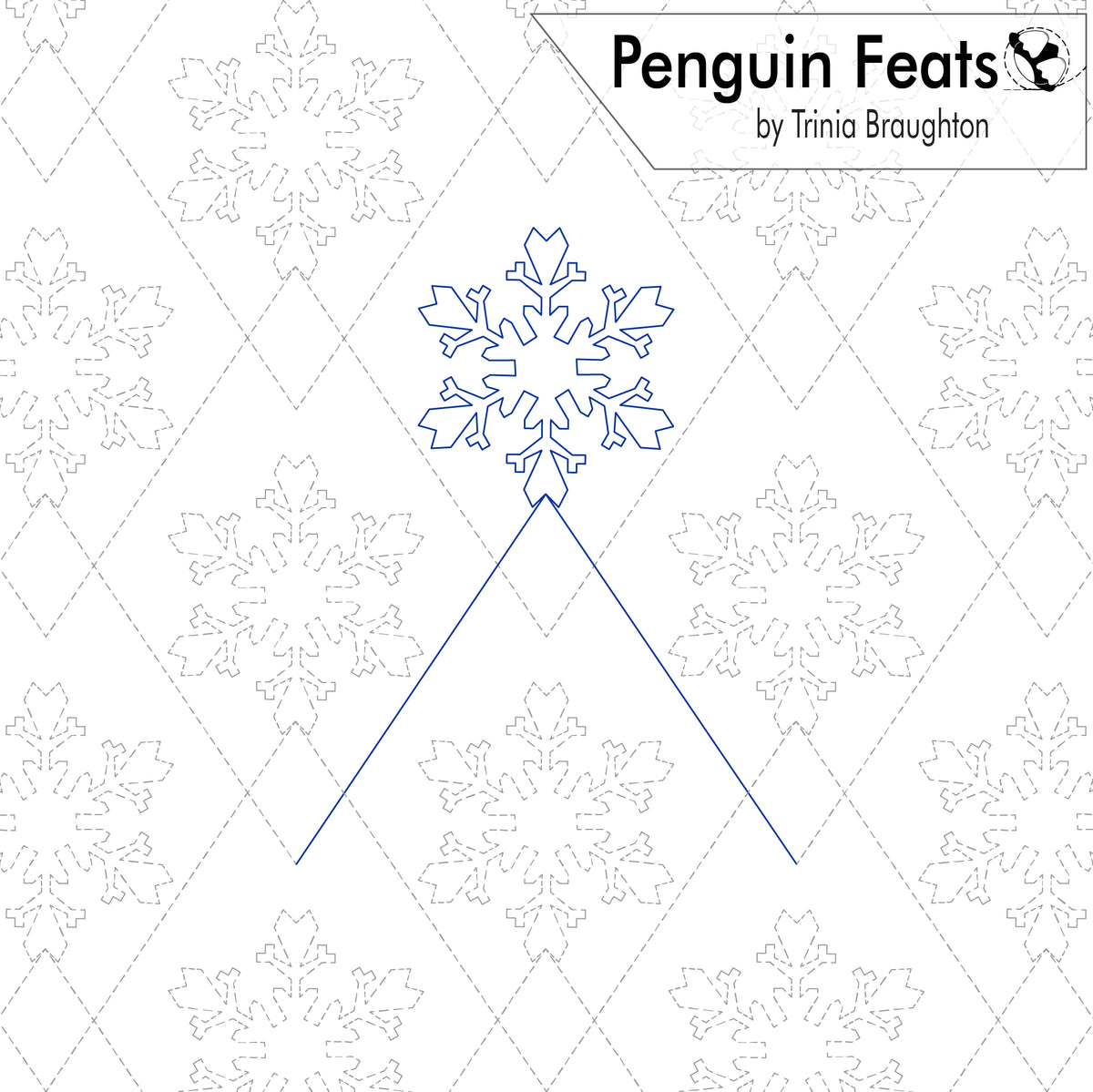A digital graphic sheet titled 'Penguin Feats' by Trinia Braughton, featuring a blue outline of a snowflake with two lines extending downward, set against a white background with faint gray diamond patterns and additional snowflake motifs.