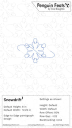 A technical preview sheet for a snowflake design by Trinia Braughton under the Penguin Feats brand. The sheet shows a blue outlined snowflake in the center on a white background with faint gray line patterns, plus text at the top and bottom listing design details such as snowdrift, default height, width, row offset, and settings.