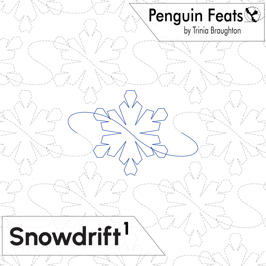 A quilting pattern cover for 'Snowdrift'  featuring a blue outline of a snowflake with a curved tail on a white background with faint gray snowflakes. The top right corner displays 'Penguin Feats by Trinia Broughton' and the bottom left displays 'Snowdrift'.