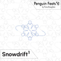 A quilting pattern cover for 'Snowdrift'  featuring a blue outline of a snowflake with a curved tail on a white background with faint gray snowflakes. The top right corner displays 'Penguin Feats by Trinia Broughton' and the bottom left displays 'Snowdrift'.