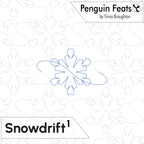 A quilting pattern cover for 'Snowdrift'  featuring a blue outline of a snowflake with a curved tail on a white background with faint gray snowflakes. The top right corner displays 'Penguin Feats by Trinia Broughton' and the bottom left displays 'Snowdrift'.