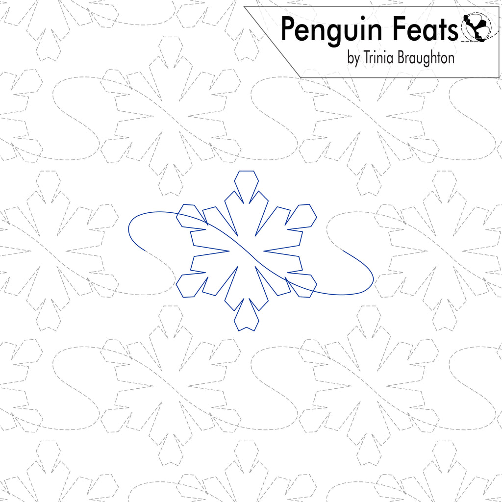 A quilting pattern preview titled 'Penguin Feats' by Trinia Braughton, featuring a blue outline of a snowflake in the center on a white background with a faint gray quilted snowflake pattern.