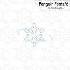A quilting pattern preview titled 'Penguin Feats' by Trinia Braughton, featuring a blue outline of a snowflake in the center on a white background with a faint gray quilted snowflake pattern.