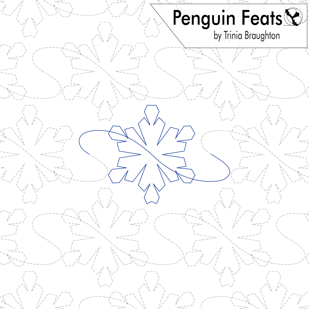 A quilting pattern preview titled 'Penguin Feats' by Trinia Braughton, featuring a blue outline of a snowflake in the center on a white background with a faint gray quilted snowflake pattern.