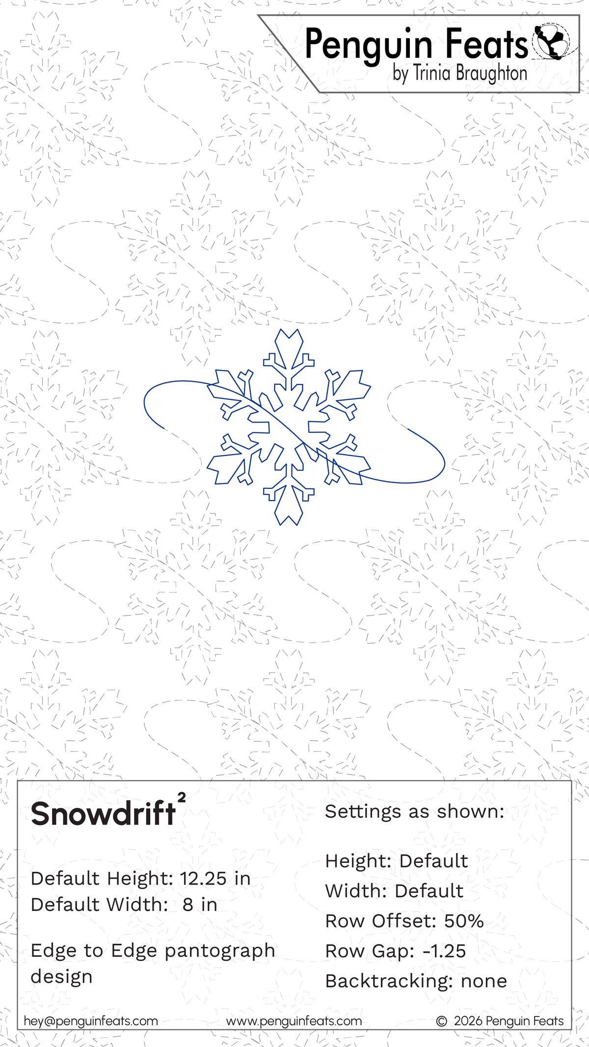 A digital preview sheet for a quilting pattern titled 'Snowdrift' by Trinia Braughton under the Penguin Feats brand. The design shows a blue outline of a snowflake with a curved tail on a white background with a light gray patterned grid.