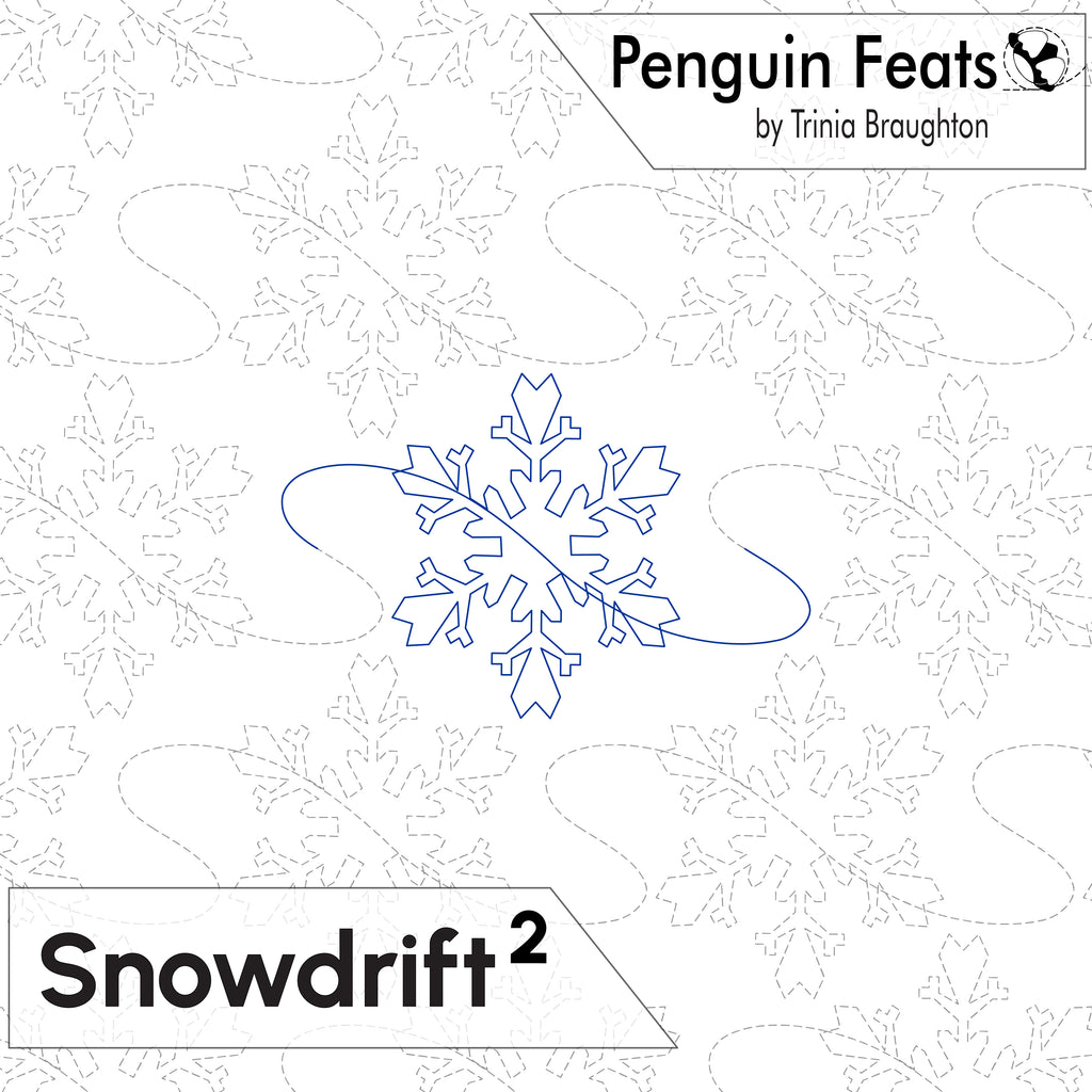Digital quilting pattern preview for 'Penguin Feats' by Trinia Braughton, featuring a blue outlined snowflake design with a wavy outline on a white background with faint gray leaf and wave patterns. Text banners show 'Penguin Feats by Trinia Braughton' and 'Snowdrift 2'.
