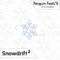 Digital quilting pattern preview for 'Penguin Feats' by Trinia Braughton, featuring a blue outlined snowflake design with a wavy outline on a white background with faint gray leaf and wave patterns. Text banners show 'Penguin Feats by Trinia Braughton' and 'Snowdrift 2'.