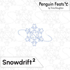 Digital quilting pattern preview for 'Penguin Feats' by Trinia Braughton, featuring a blue outlined snowflake design with a wavy outline on a white background with faint gray leaf and wave patterns. Text banners show 'Penguin Feats by Trinia Braughton' and 'Snowdrift 2'.