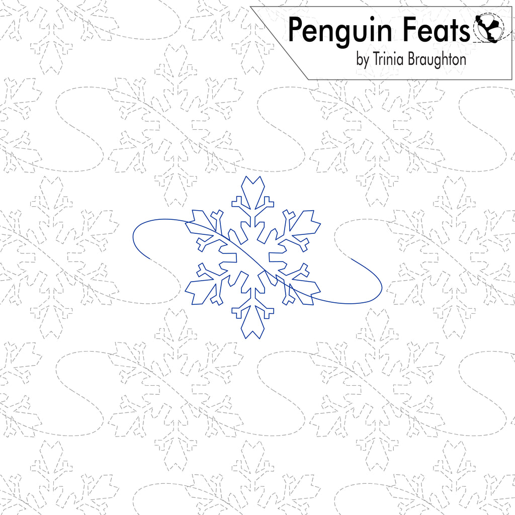 A quilting pattern design sheet titled 'Penguin Feats by Trinia Braughton' featuring a blue outline of a snowflake with a penguin motif in the center, surrounded by faint gray outlines of snowflakes and wavy stitching patterns on a white background.