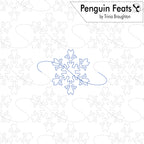 A quilting pattern design sheet titled 'Penguin Feats by Trinia Braughton' featuring a blue outline of a snowflake with a penguin motif in the center, surrounded by faint gray outlines of snowflakes and wavy stitching patterns on a white background.