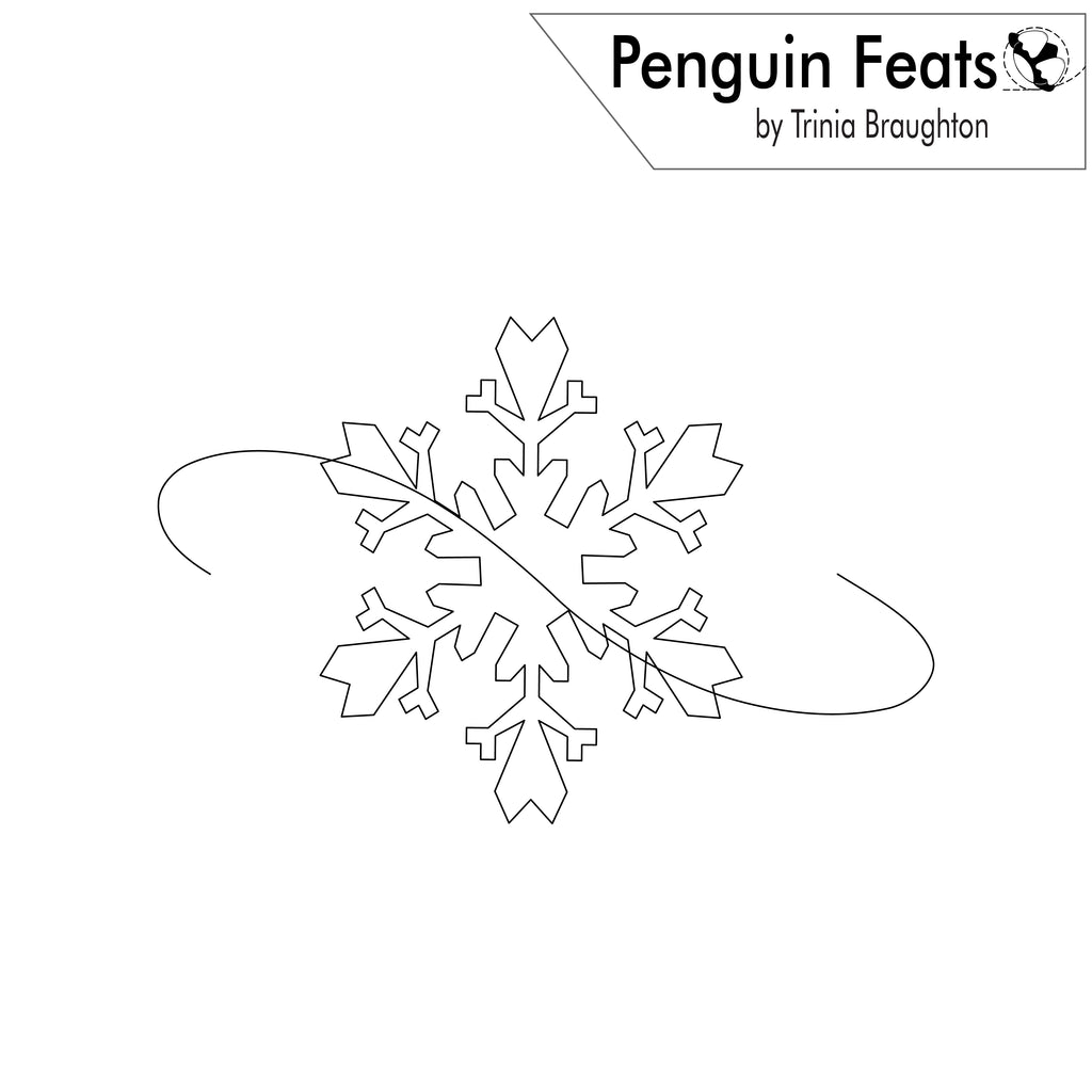 Black and white line art design featuring a snowflake with curved lines extending from its sides, with a label at the top reading 'Penguin Feats by Trinia Braughton'.