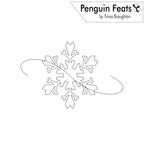 Black and white line art design featuring a snowflake with curved lines extending from its sides, with a label at the top reading 'Penguin Feats by Trinia Braughton'.
