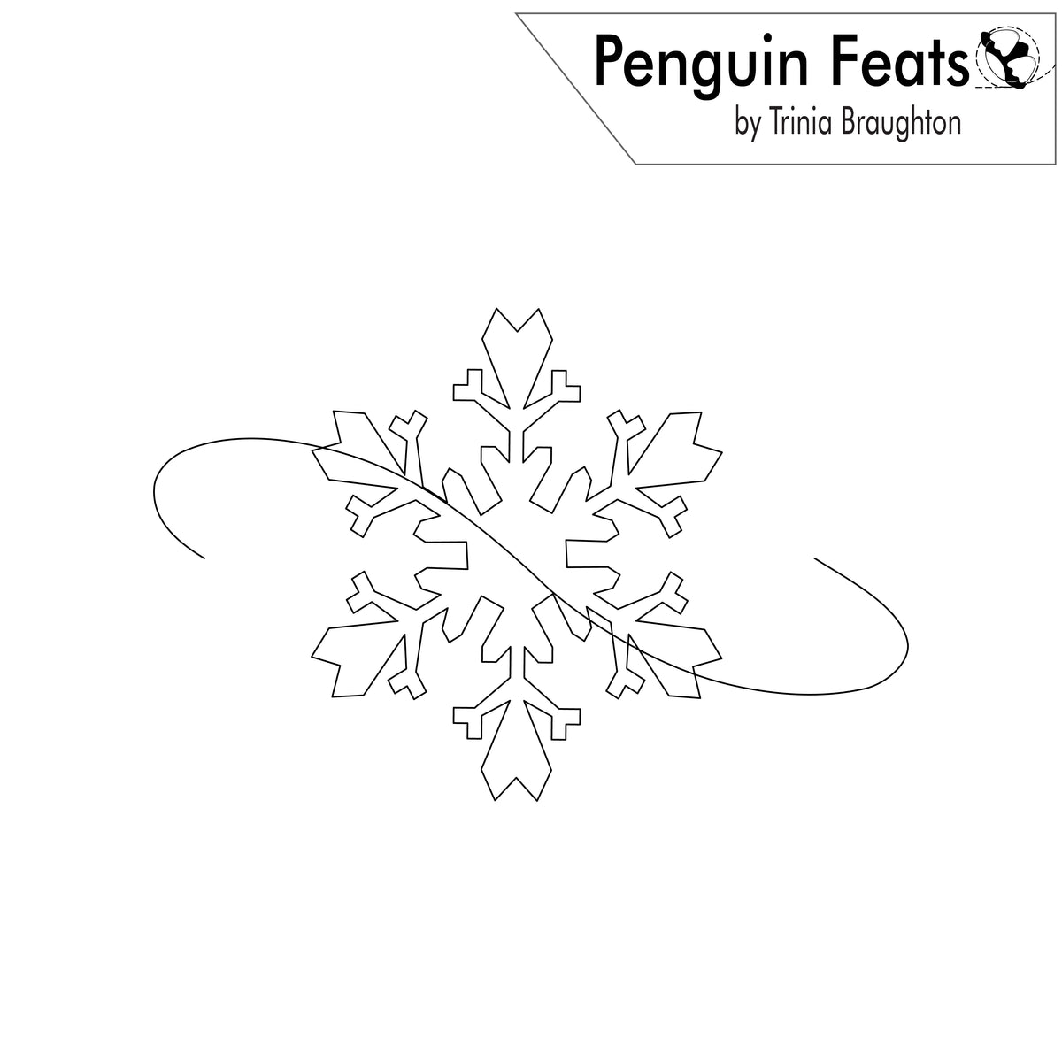 Black and white line art design featuring a snowflake with curved lines extending from its sides, with a label at the top reading 'Penguin Feats by Trinia Braughton'.