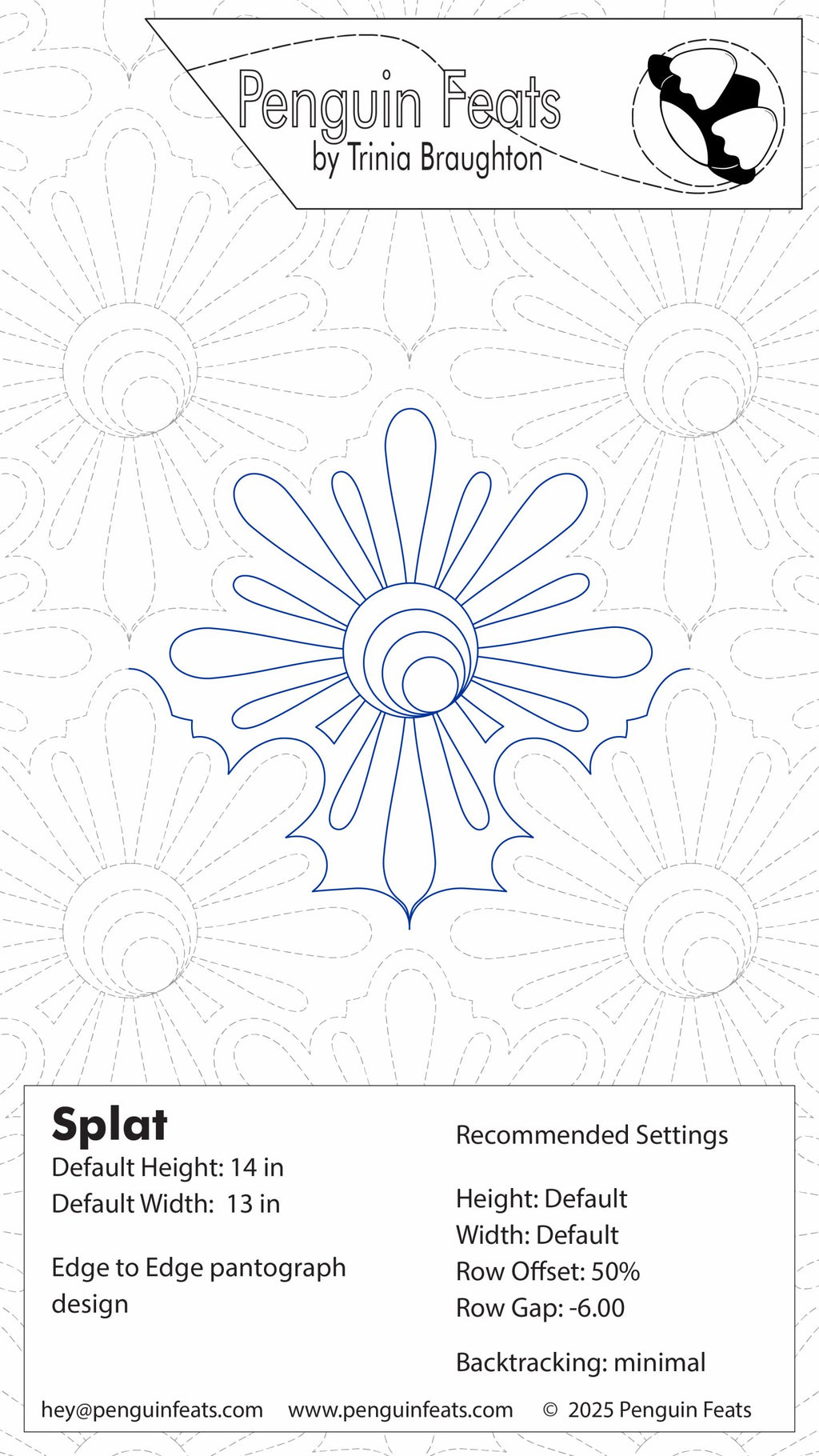 Design sheet for 'Splat' pattern by Trinia Braughton with technical specifications.