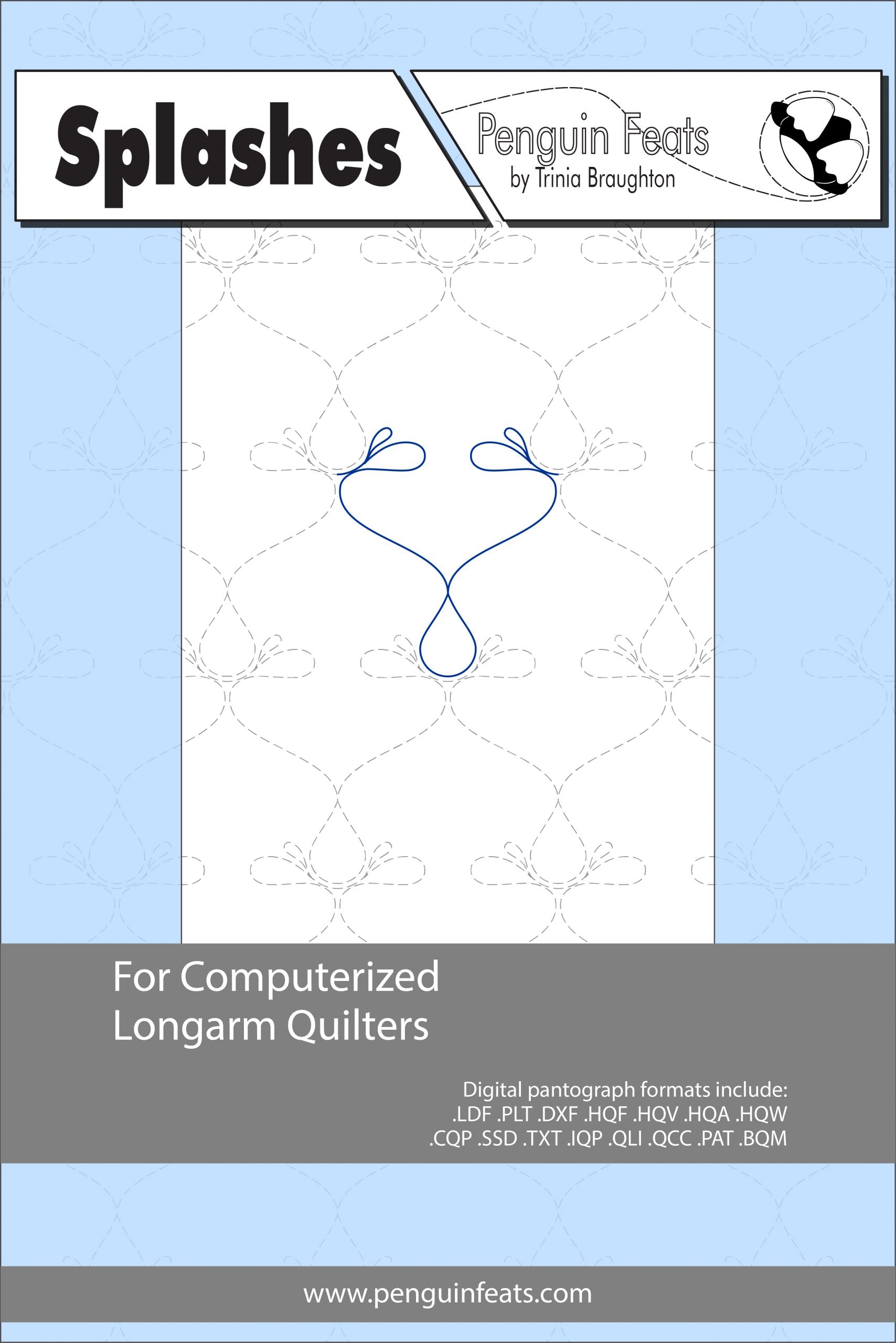 Quilting design sheet titled 'Splashes' by Trinia Braughton for computerized longarm quilters.