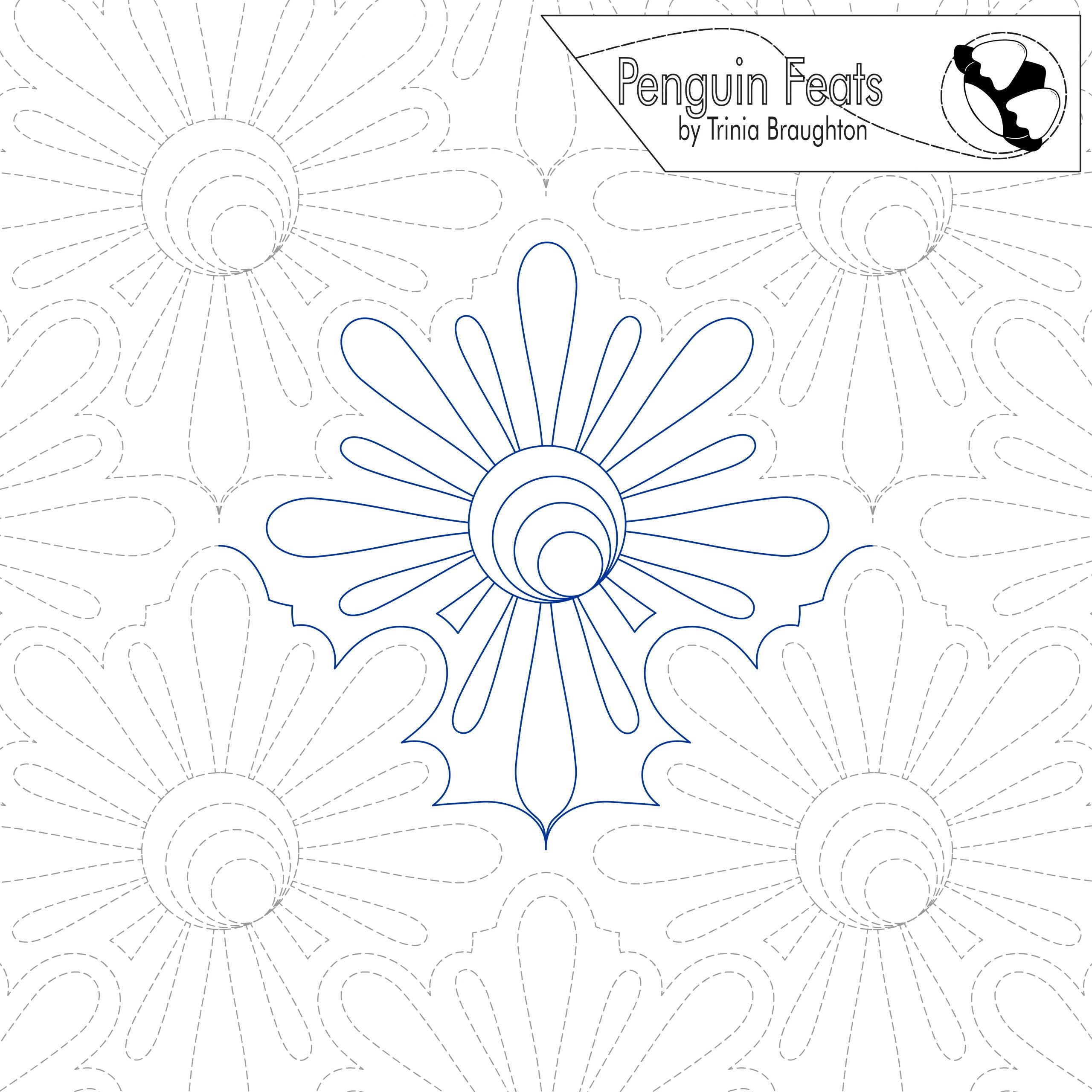 Outline of a flower design with 'Penguin Feats' branding at the top.