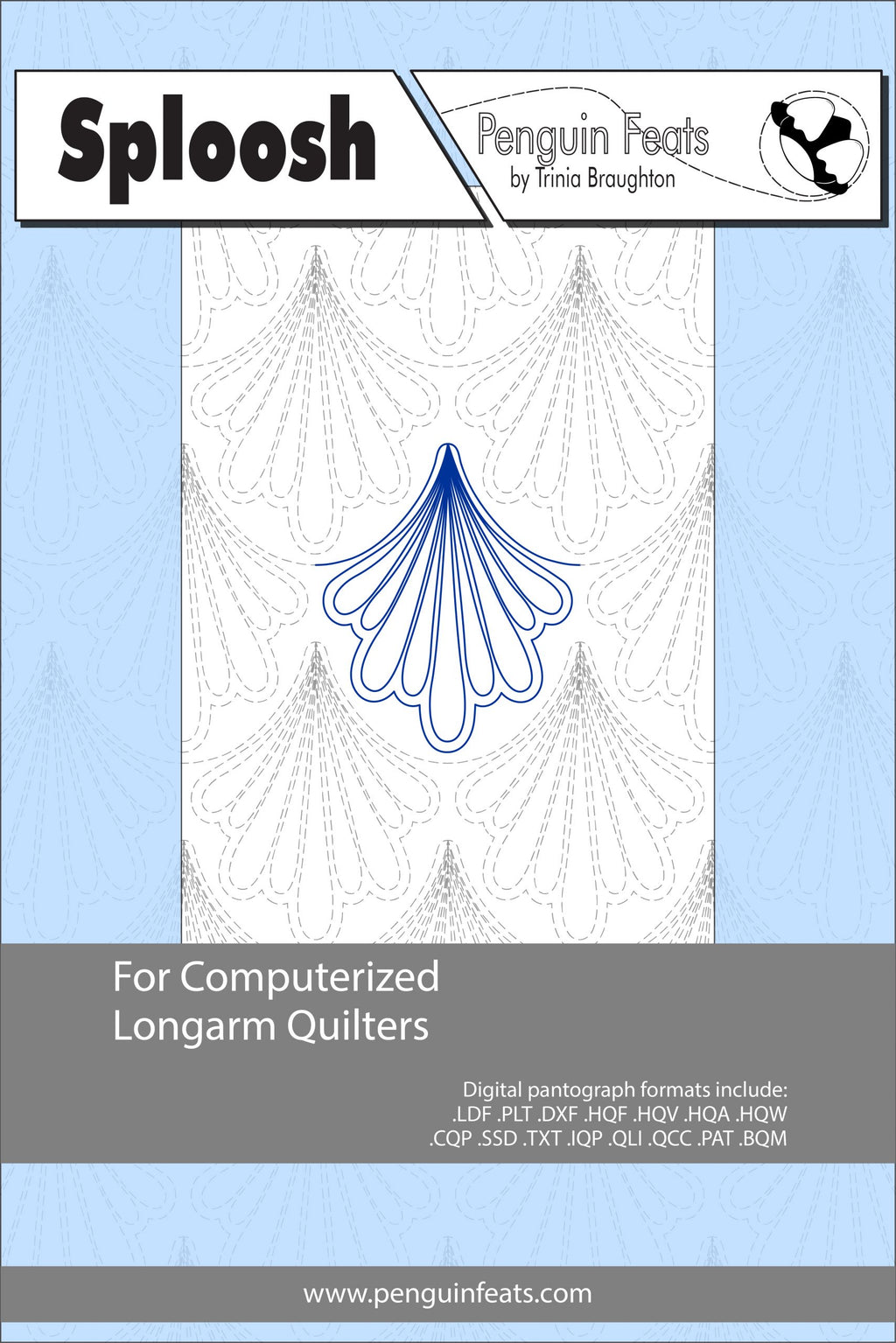 Sploosh pattern sheet for computerized longarm quilters with a blue and white design on a light blue background.