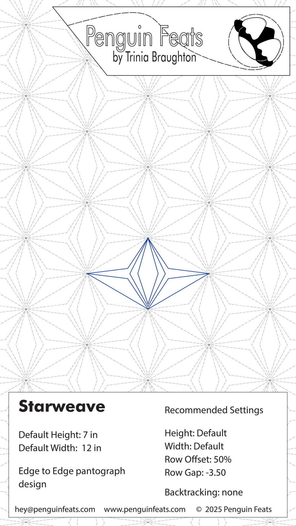 Starweave pattern design with geometric lines on a white background, featuring the brand 'Penguin Feats' at the top.