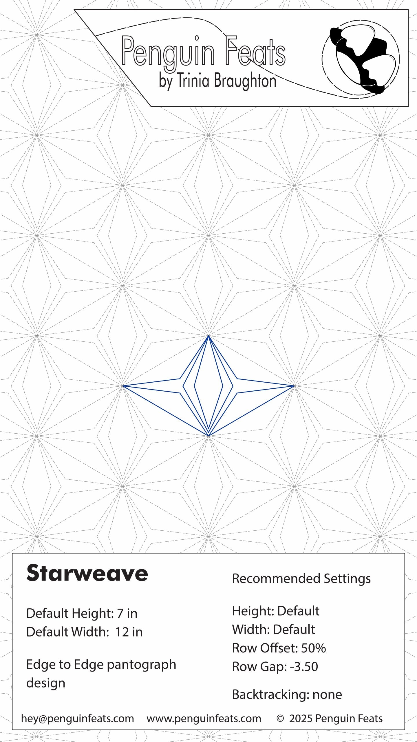 Starweave pattern design with geometric lines on a white background, featuring the brand 'Penguin Feats' at the top.