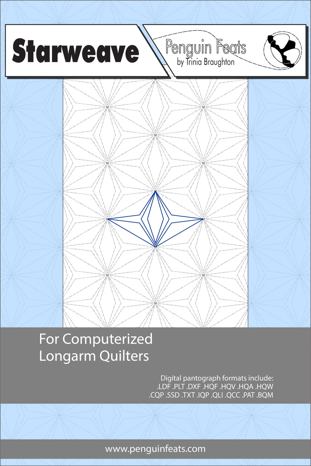 Starweave pattern sheet for computerized longarm quilters with geometric design on a light blue background.