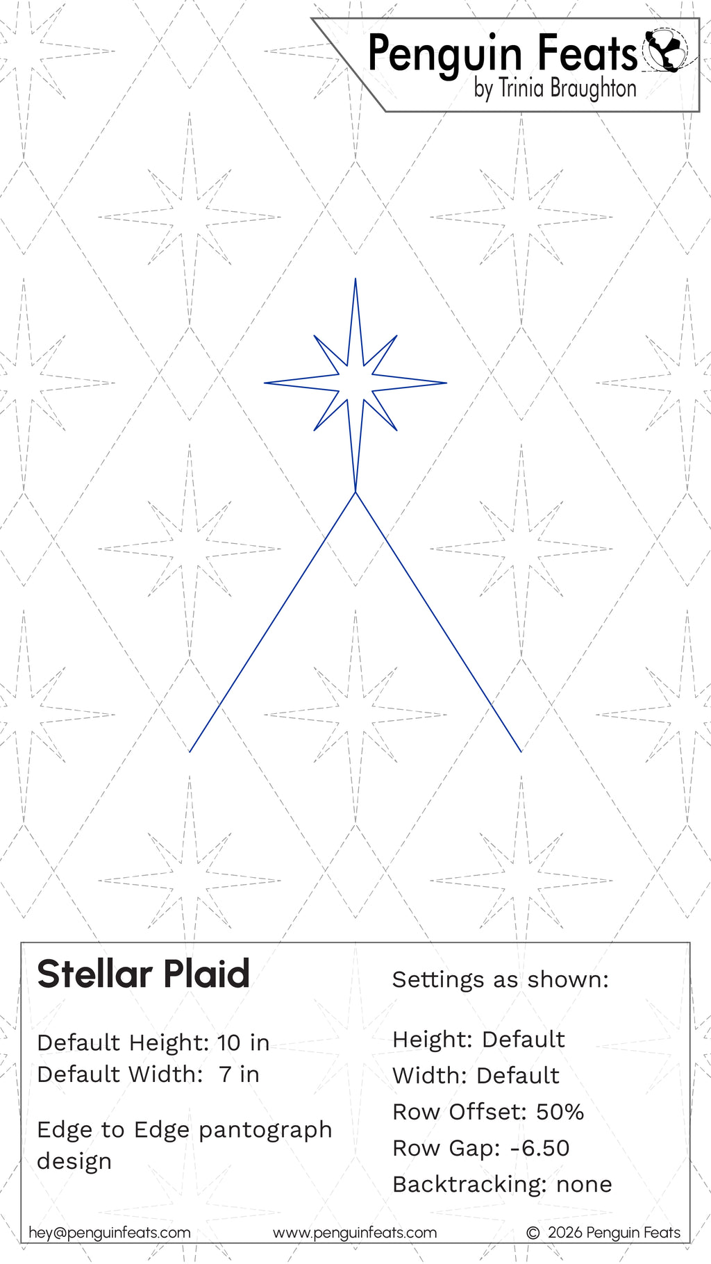 A digital preview sheet for the 'Stellar Plaid' design by Trinia Braughton under the 'Penguin Feats' brand. The graphic shows a blue line drawing of a star and triangle motif centered on a light gray background with a faint repeating plaid pattern.