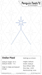 A digital preview sheet for the 'Stellar Plaid' design by Trinia Braughton under the 'Penguin Feats' brand. The graphic shows a blue line drawing of a star and triangle motif centered on a light gray background with a faint repeating plaid pattern.