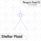 A pattern design labeled 'Penguin Feats by Trinia Braughton' and 'Stellar Plaid' on a white background with a faint gray diamond lattice and star outlines. A simple blue line drawing of a star and triangle appears in the center.