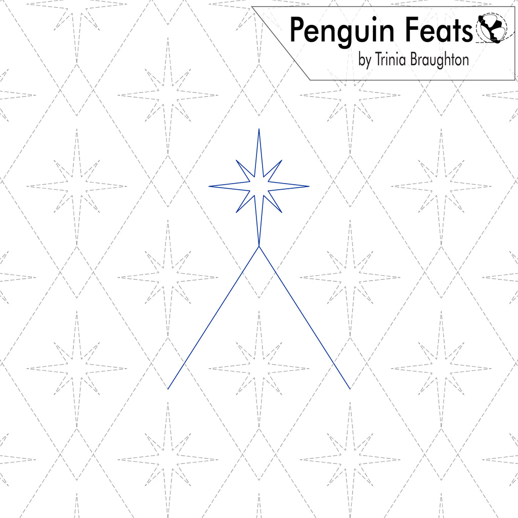 A pattern design sheet titled 'Penguin Feats' by Trinia Braughton, featuring a blue outline of a star on a white background with a light gray dashed diamond and star pattern.