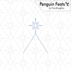 A pattern design sheet titled 'Penguin Feats' by Trinia Braughton, featuring a blue outline of a star on a white background with a light gray dashed diamond and star pattern.