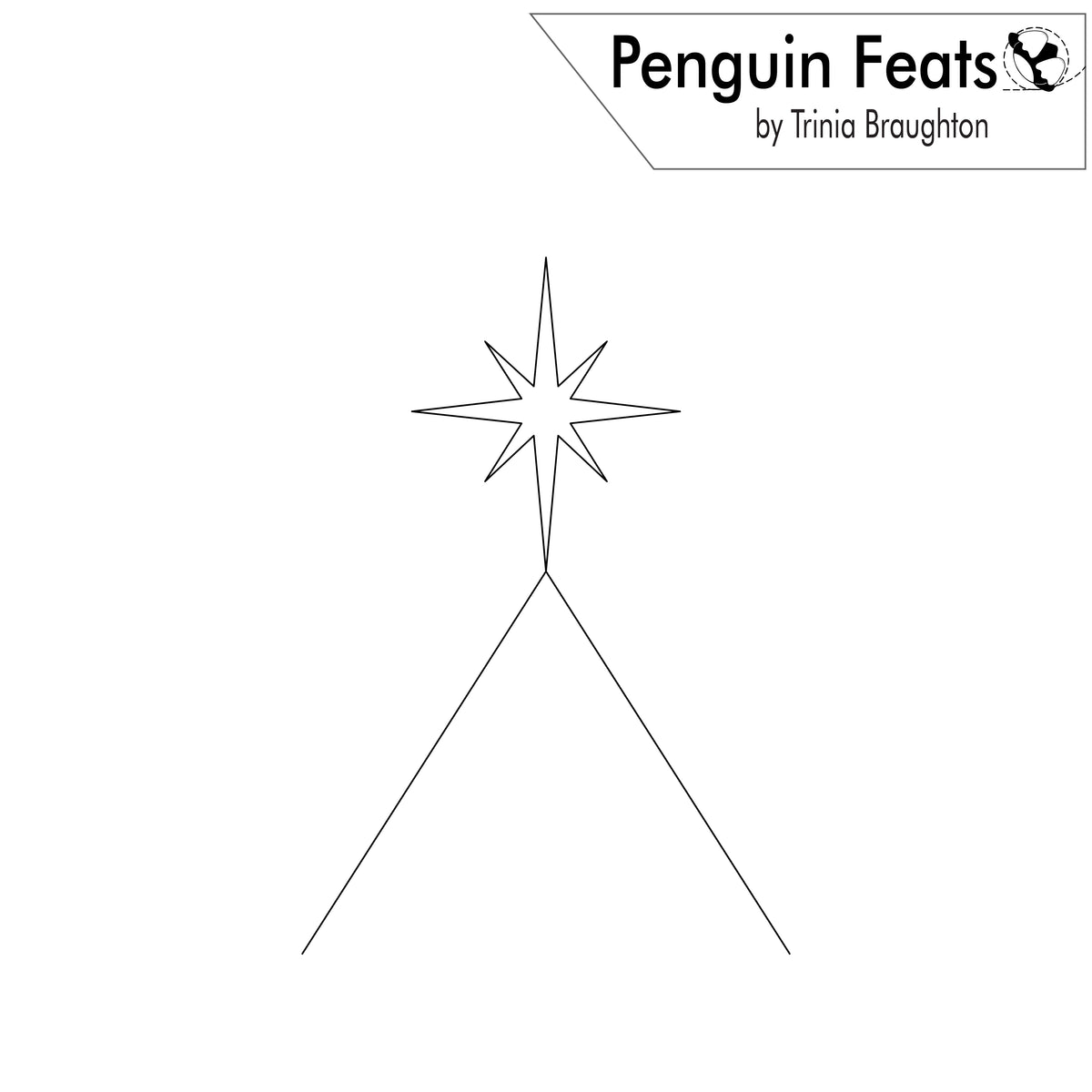 Black and white line art template titled 'Penguin Feats' by Trinia Braughton, showing a simple outline of a star with a six-pointed star on its back against a white background.