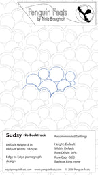 Sudsy No Backtracking Digital Design information sheet with design specifications and Penguin Feats branding