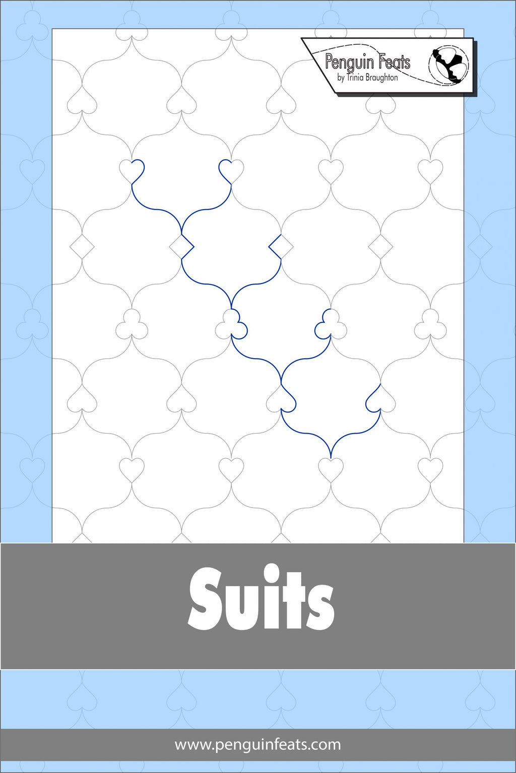 Design sheet for suits with a blue border and gray banner on a white background