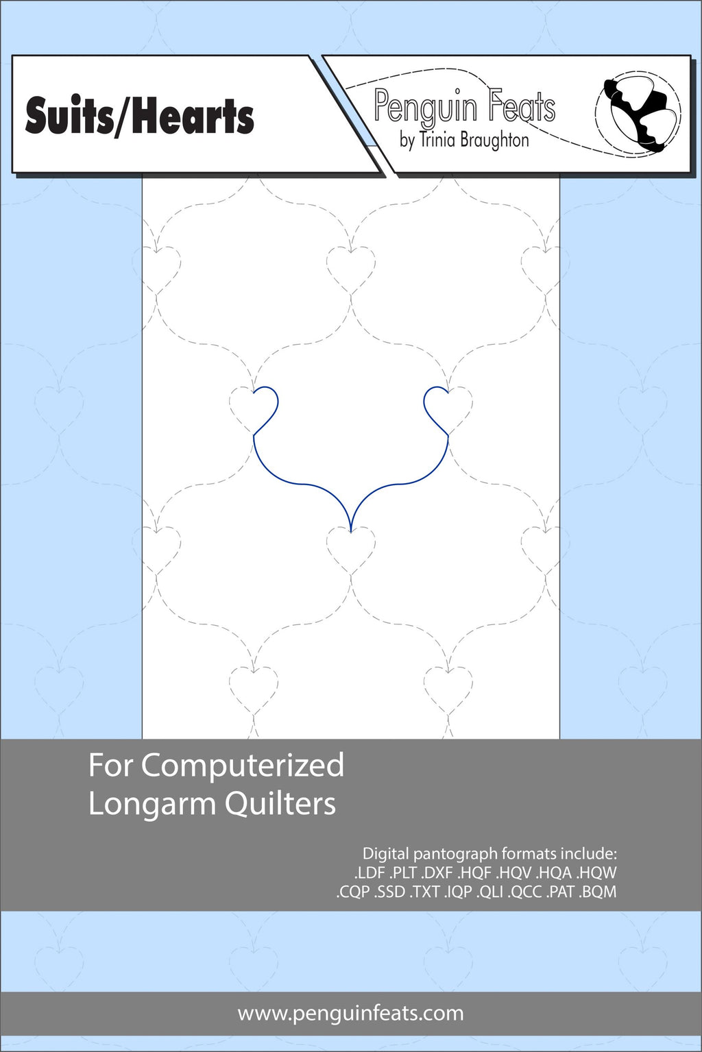 Pattern sheet for computerized longarm quilters with a blue and gray design on a white background.
