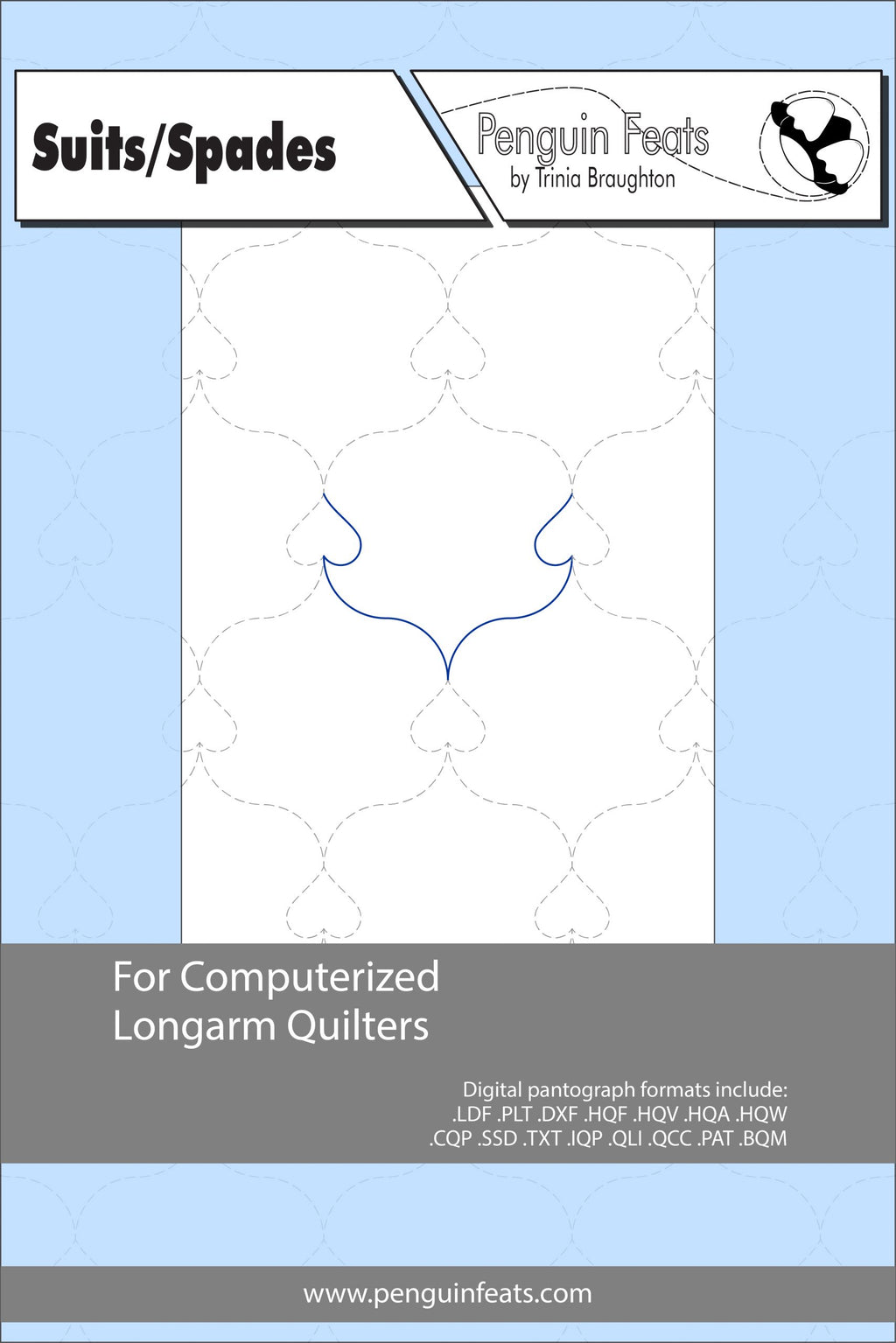 Pattern for computerized longarm quilters with a blue and gray design on a white background.