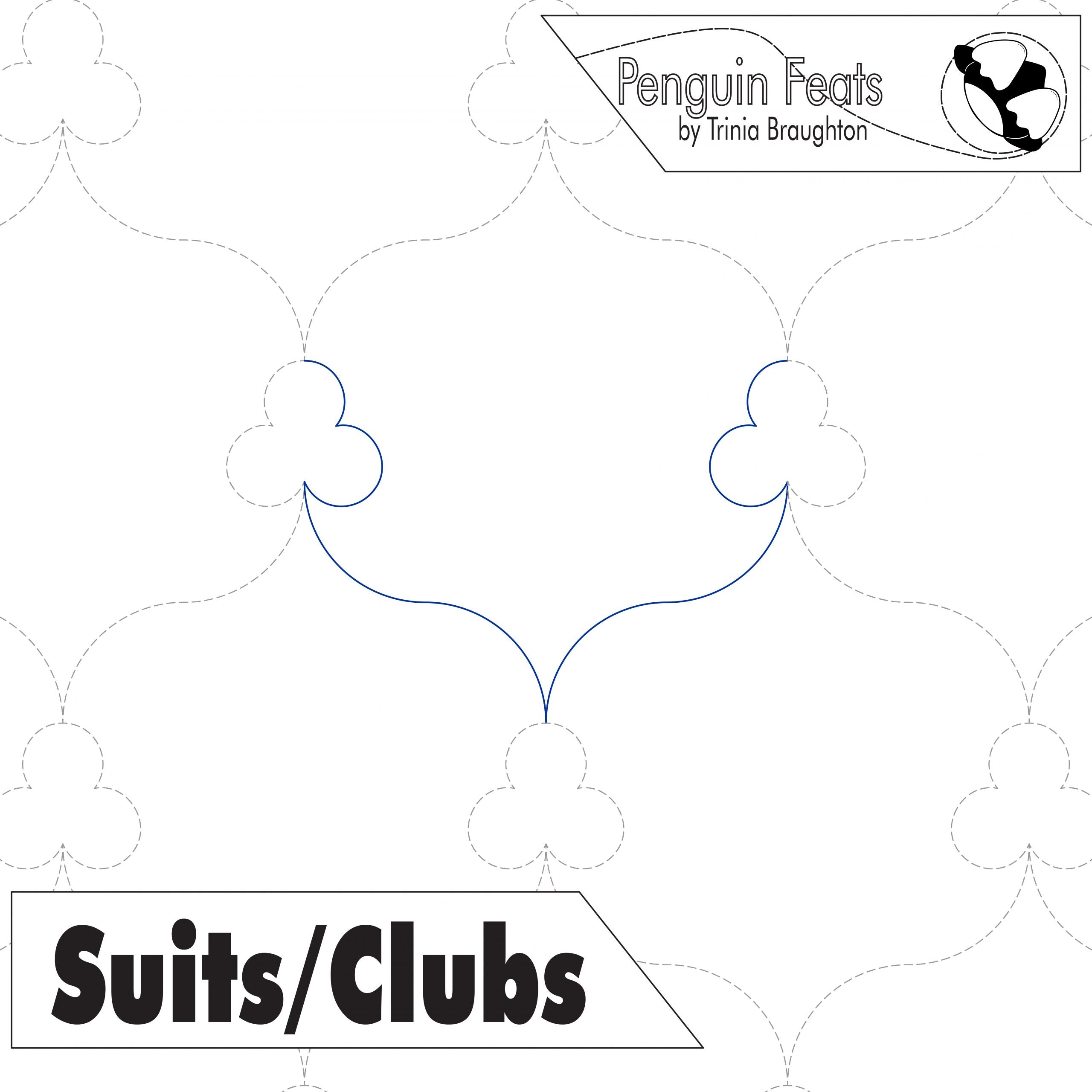 Design with 'Penguin Feats' branding and text 'Suits/Clubs' on a white background.