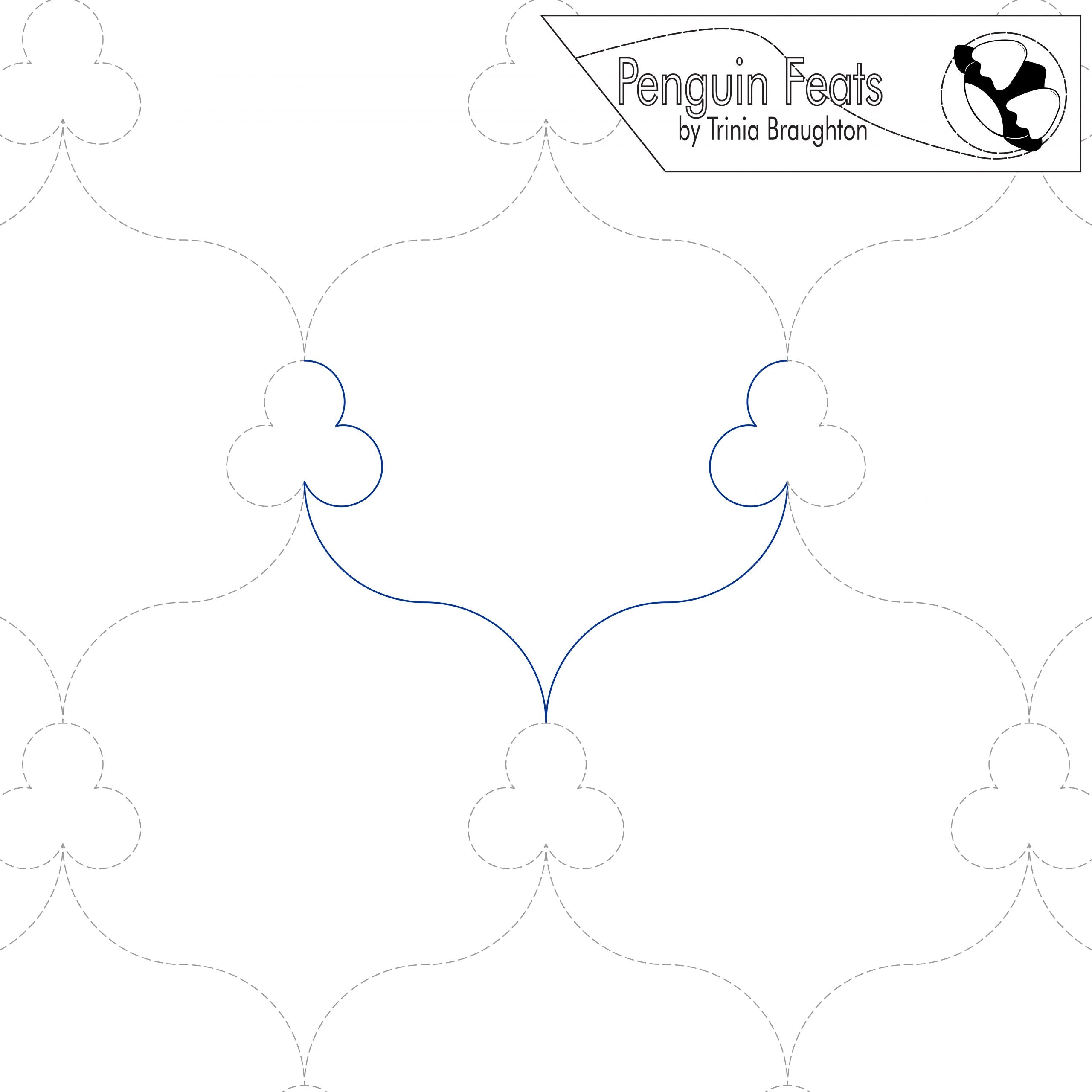 Continuous line design of curved line with clover and 'Penguin Feats' branding at the top.