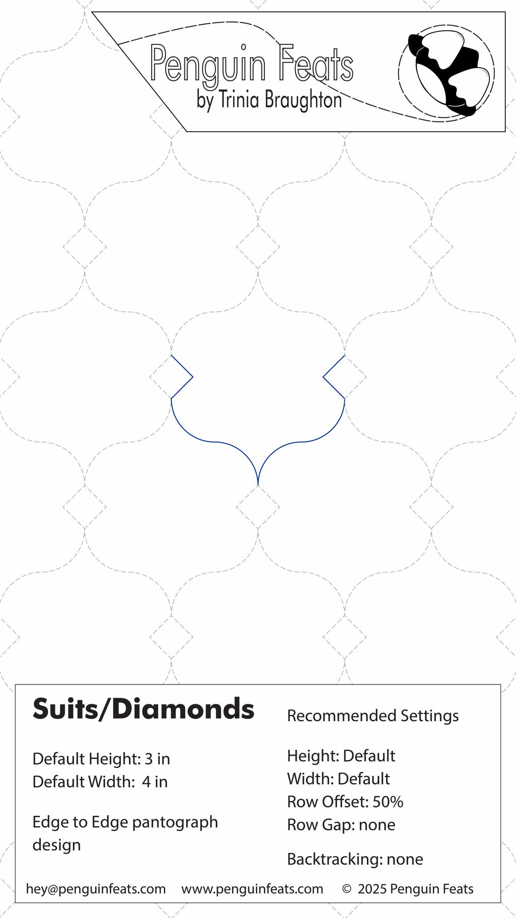 Pattern design sheet for suits/diamonds with settings and branding information.